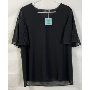 NWT Women's Aifer Short Sleeve Casual Top V-Neck - Pleated Sleeves - Black - XL